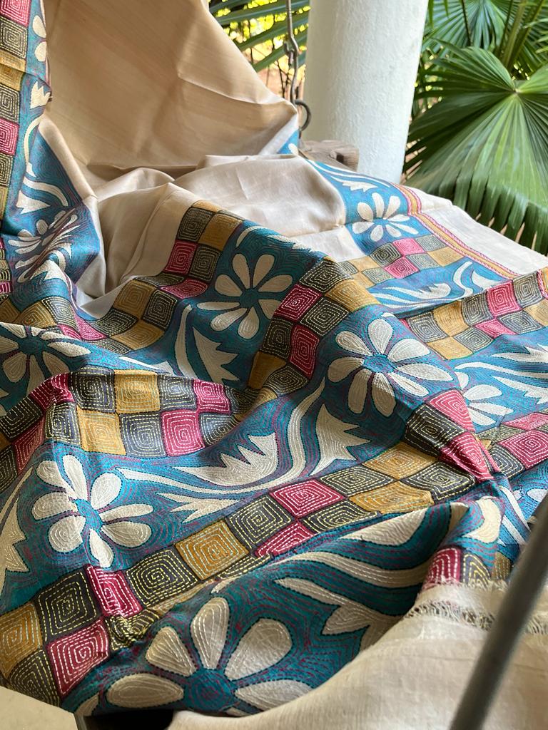 Pure Tussar Silk Handwoven saree with Hand Kantha Embroidery