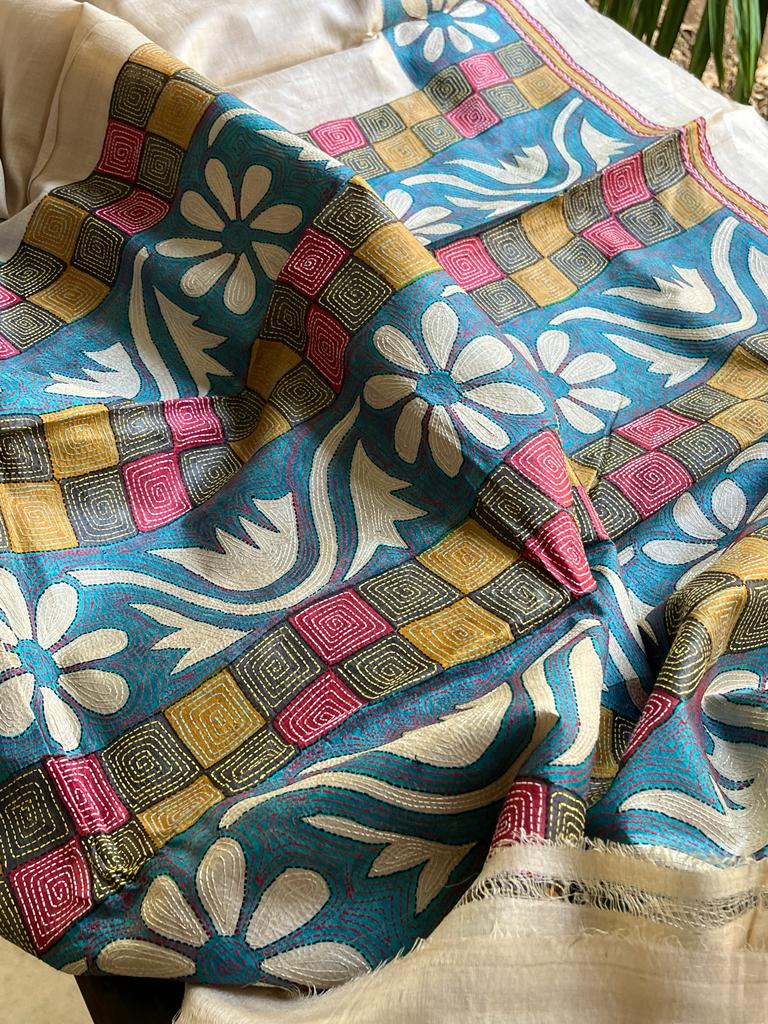 Pure Tussar Silk Handwoven saree with Hand Kantha Embroidery