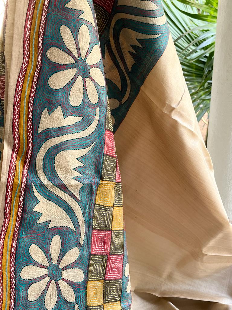 Pure Tussar Silk Handwoven saree with Hand Kantha Embroidery