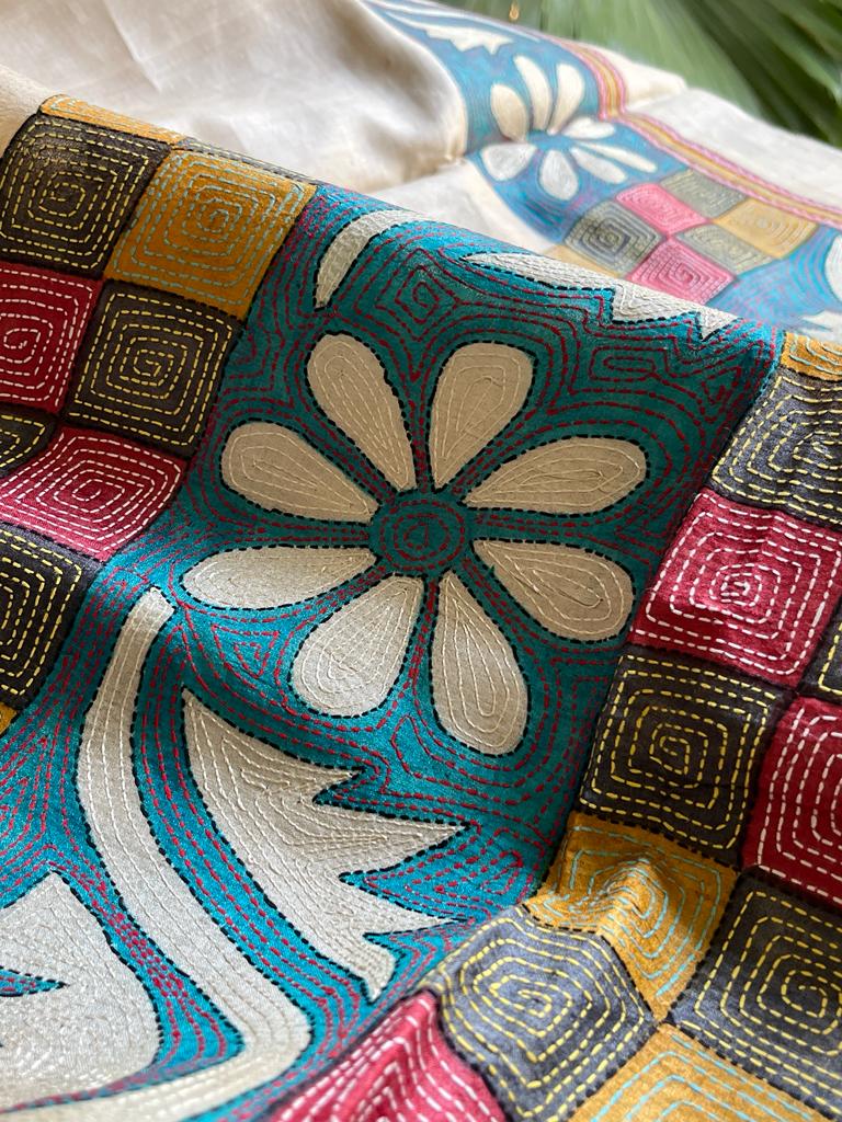 Pure Tussar Silk Handwoven saree with Hand Kantha Embroidery