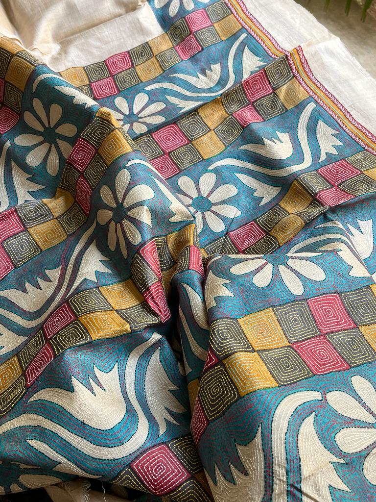 Pure Tussar Silk Handwoven saree with Hand Kantha Embroidery
