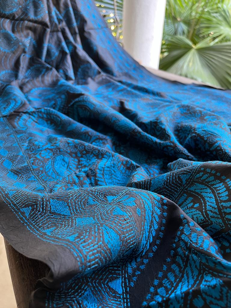 Pure Bangalore Silk Handwoven Saree with Hand Kantha Embroidery - Black with Blue