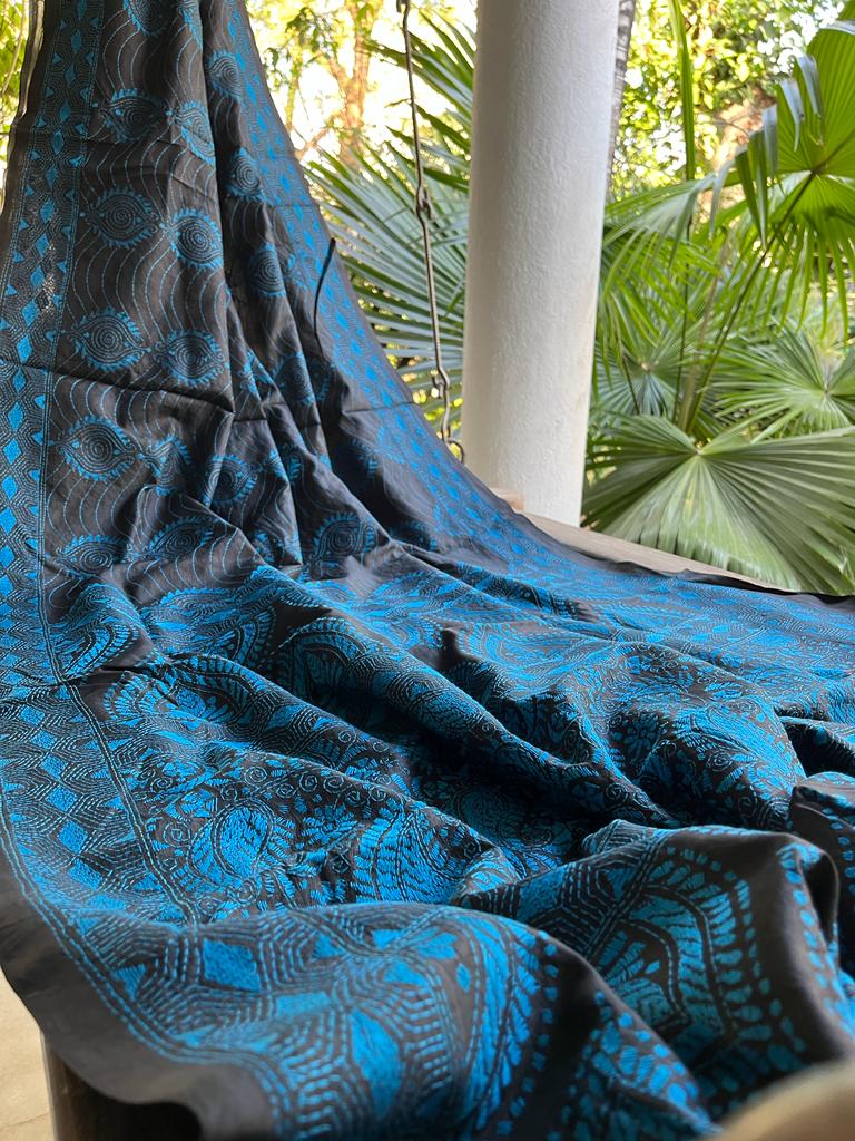 Pure Bangalore Silk Handwoven Saree with Hand Kantha Embroidery - Black with Blue