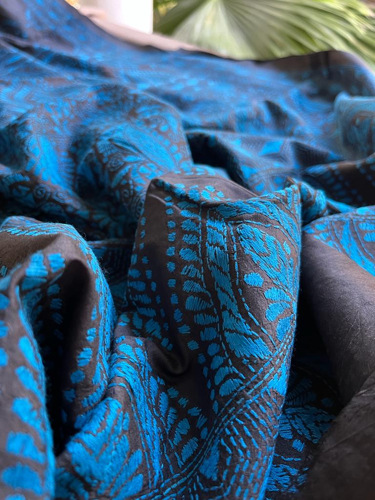 Pure Bangalore Silk Handwoven Saree with Hand Kantha Embroidery - Black with Blue