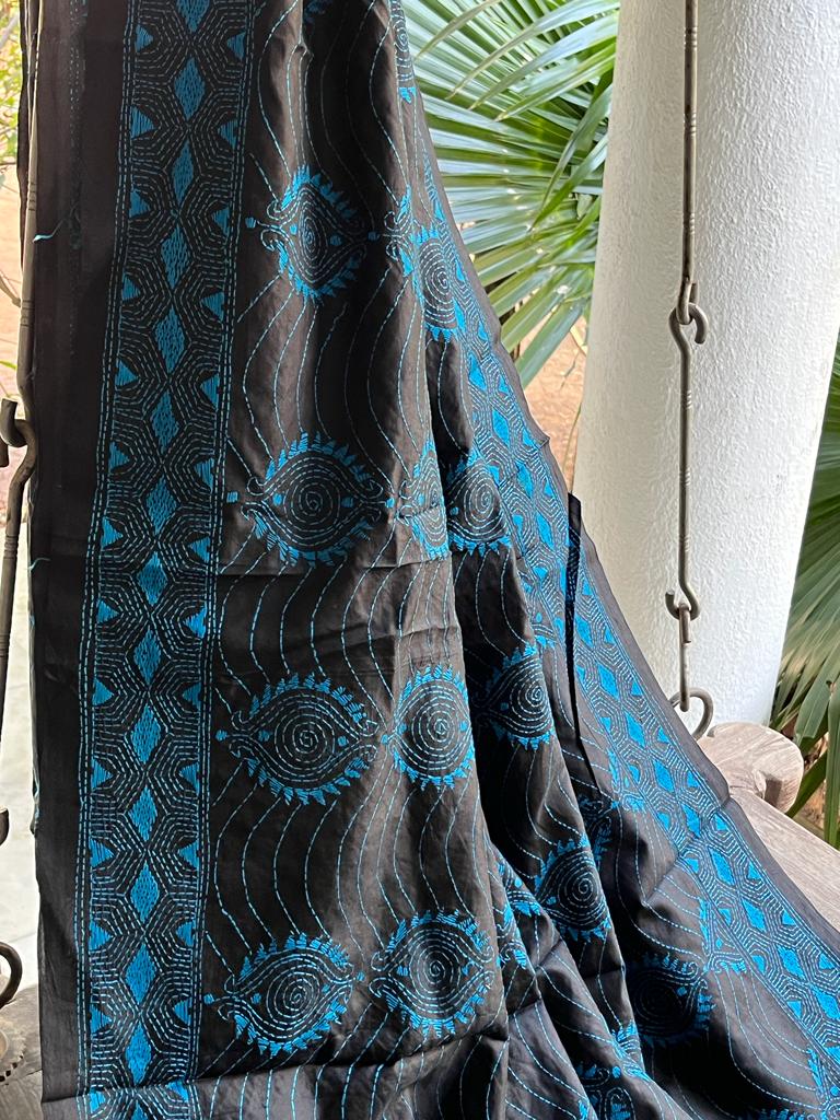 Pure Bangalore Silk Handwoven Saree with Hand Kantha Embroidery - Black with Blue