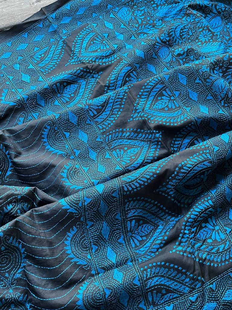 Pure Bangalore Silk Handwoven Saree with Hand Kantha Embroidery - Black with Blue