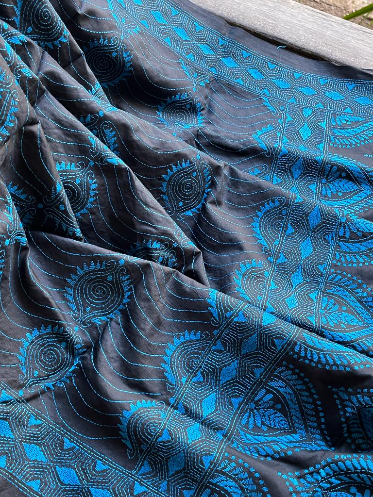 Pure Bangalore Silk Handwoven Saree with Hand Kantha Embroidery - Black with Blue