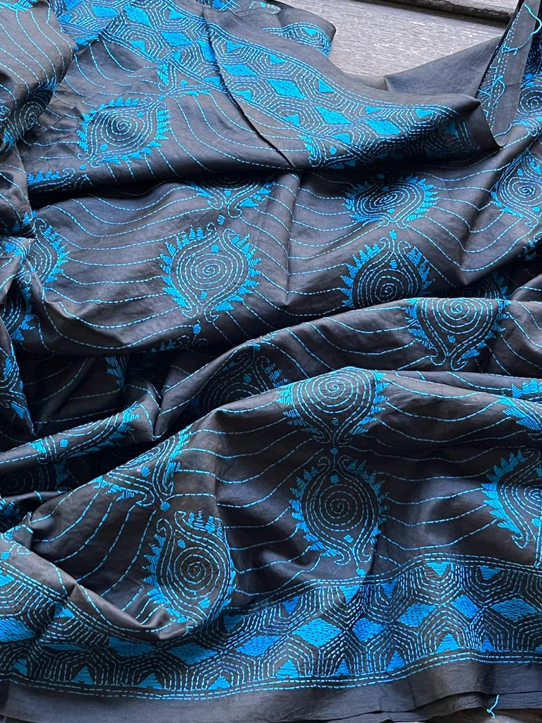 Pure Bangalore Silk Handwoven Saree with Hand Kantha Embroidery - Black with Blue
