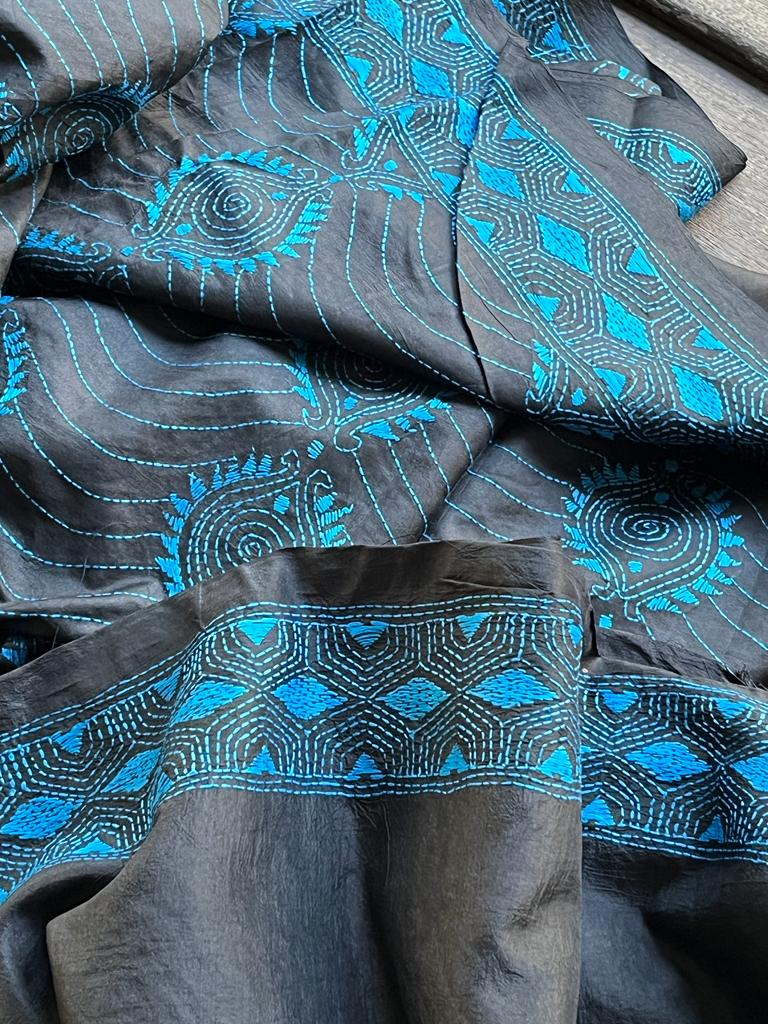 Pure Bangalore Silk Handwoven Saree with Hand Kantha Embroidery - Black with Blue