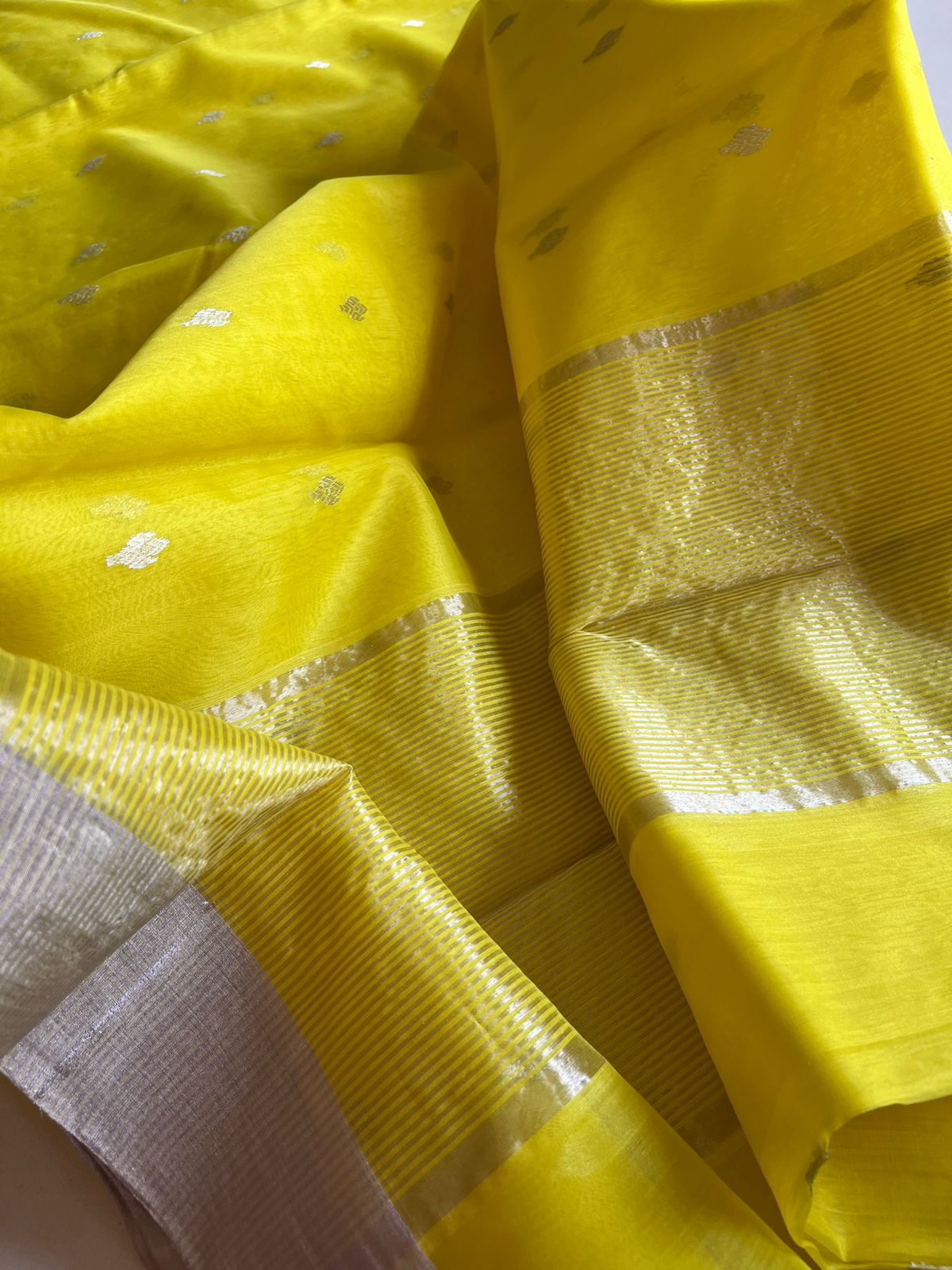 Pure Chanderi Silk Handwoven saree with buttis - Yellow with Silver