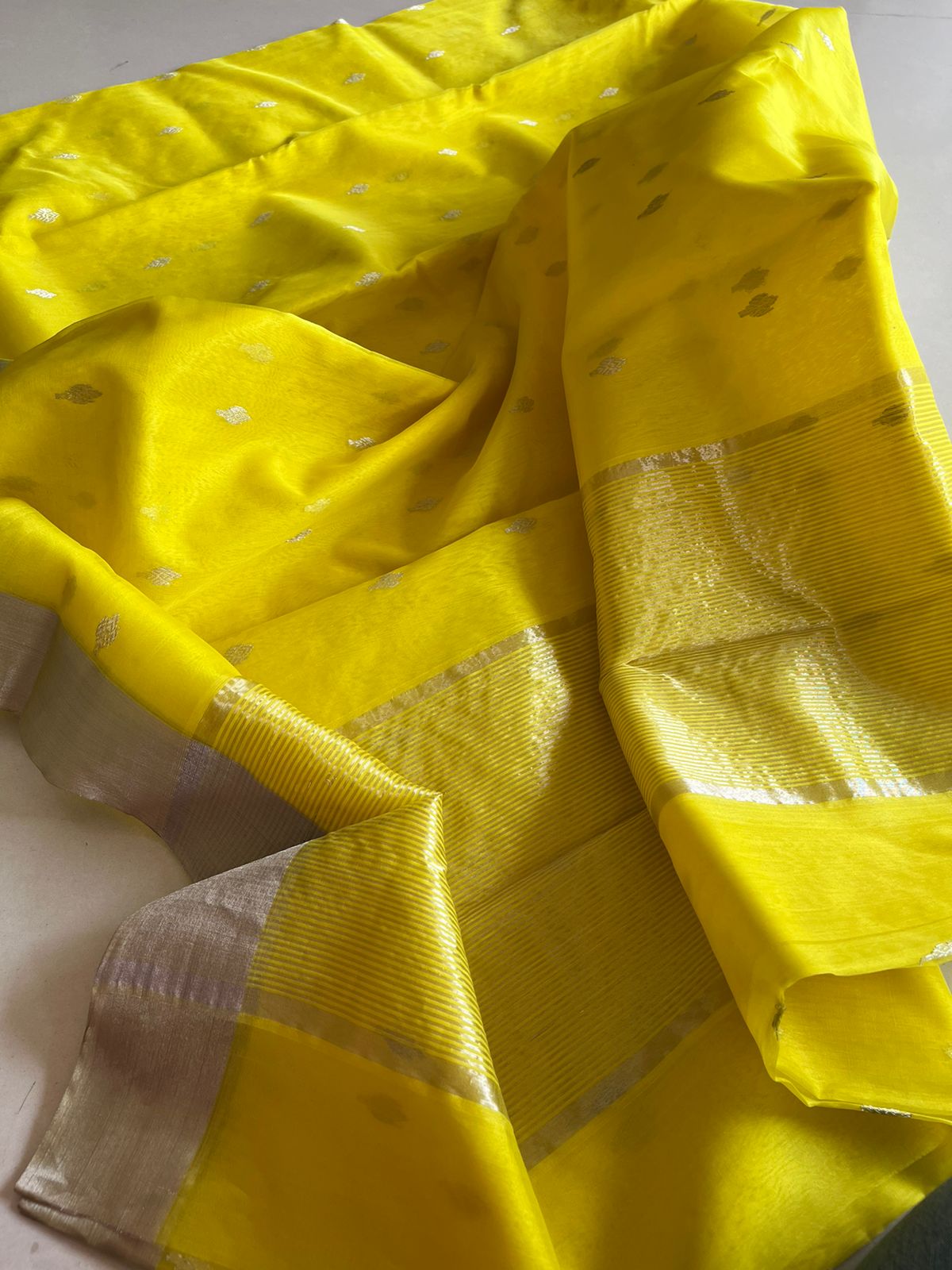 Pure Chanderi Silk Handwoven saree with buttis - Yellow with Silver