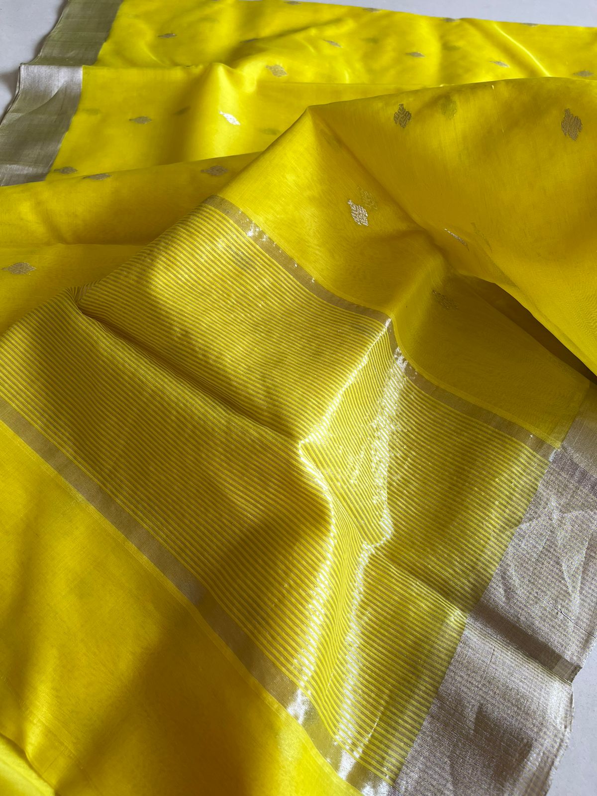 Pure Chanderi Silk Handwoven saree with buttis - Yellow with Silver