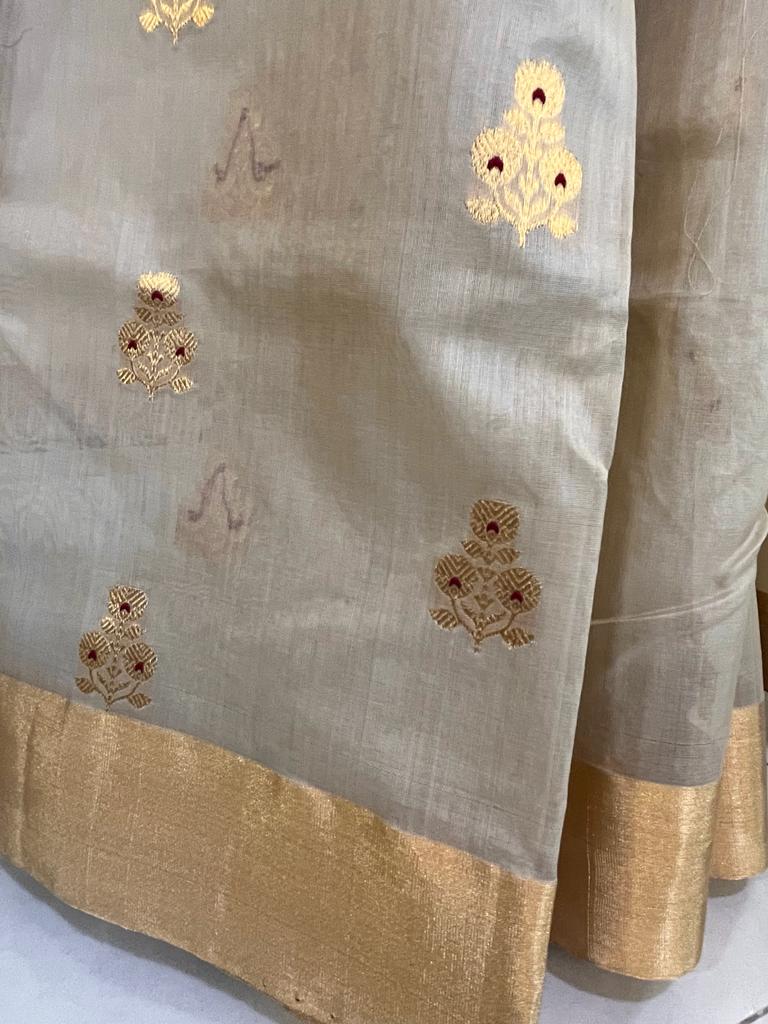 Pure Chanderi Silk Handwoven saree with buttis - Beige with Gold