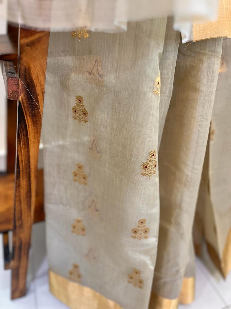Pure Chanderi Silk Handwoven saree with buttis - Beige with Gold