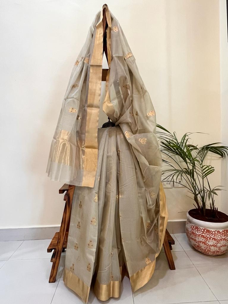 Pure Chanderi Silk Handwoven saree with buttis - Beige with Gold