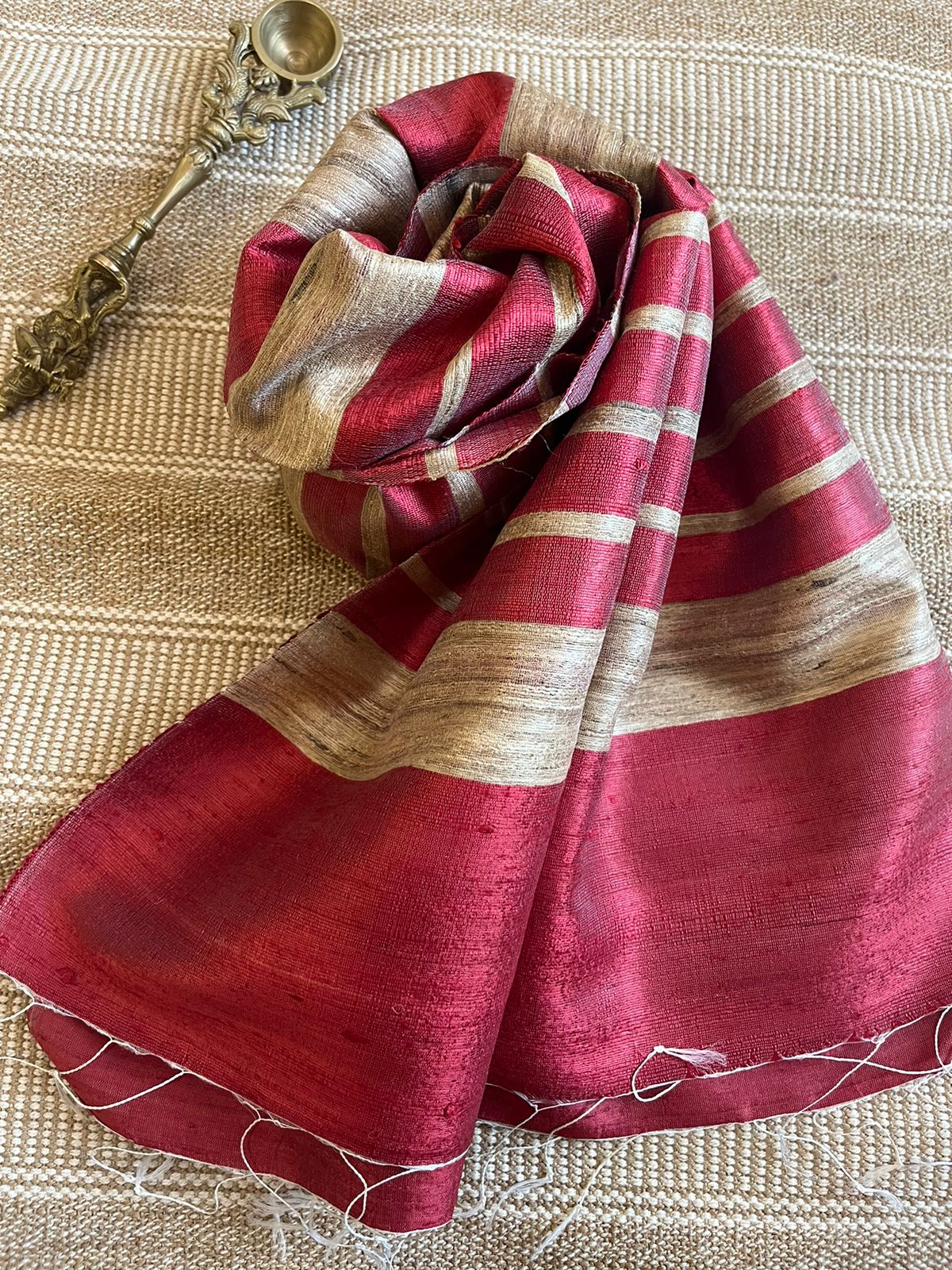 Vibrant pure Raw Silk Stole - striped - Reddish Maroon