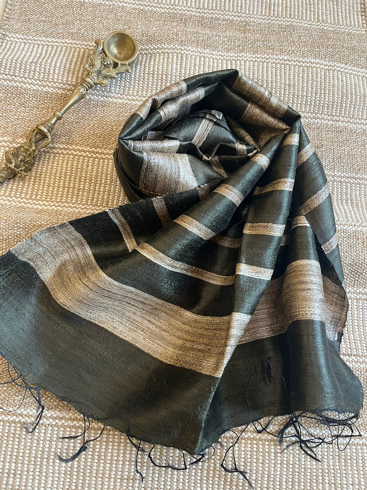 Vibrant pure Raw Silk Stole - striped - Olive Green