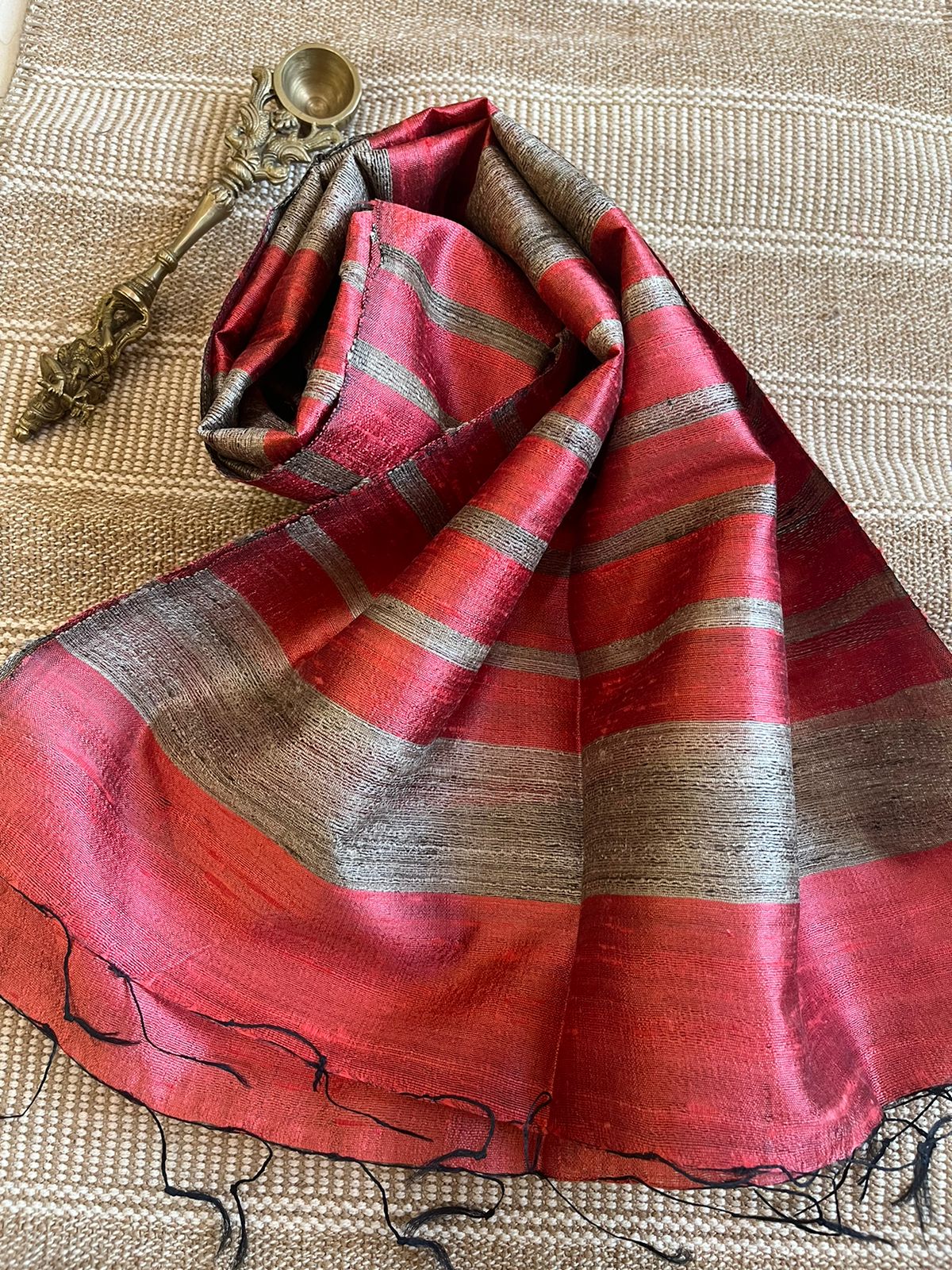 Vibrant pure Raw Silk Stole - striped - Peach