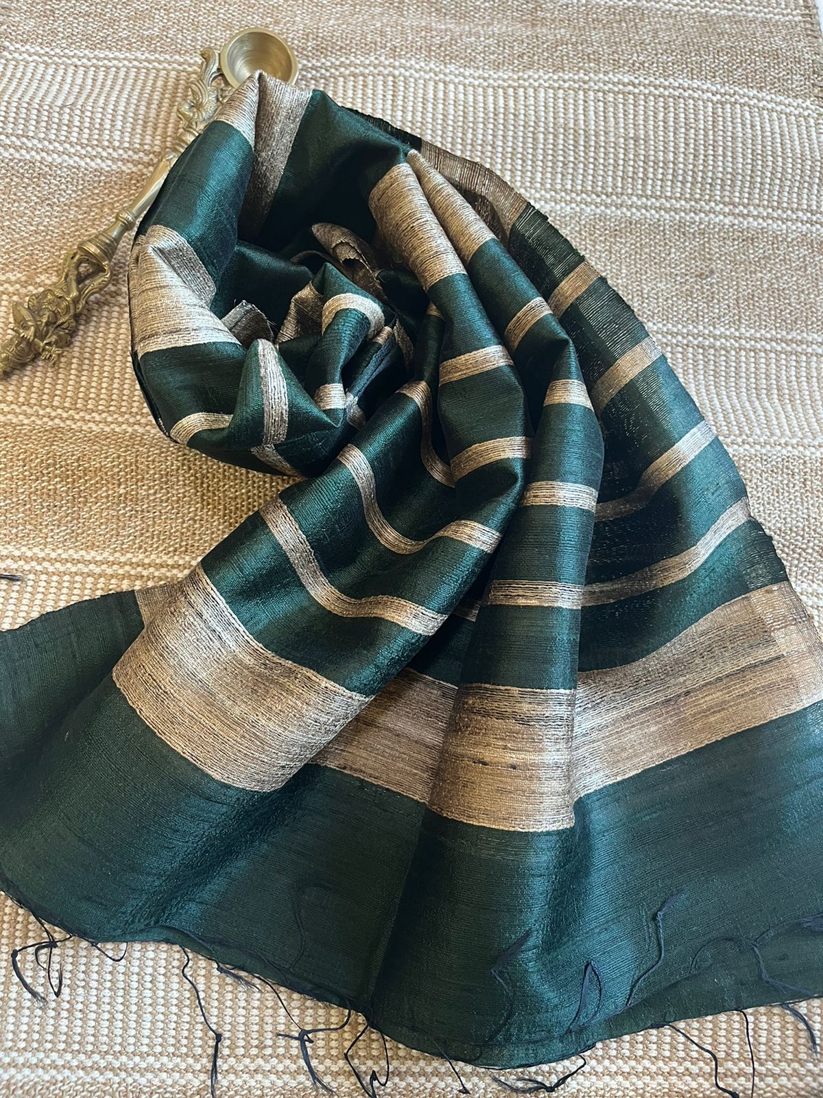 Vibrant pure Raw Silk Stole - striped - Seaweed