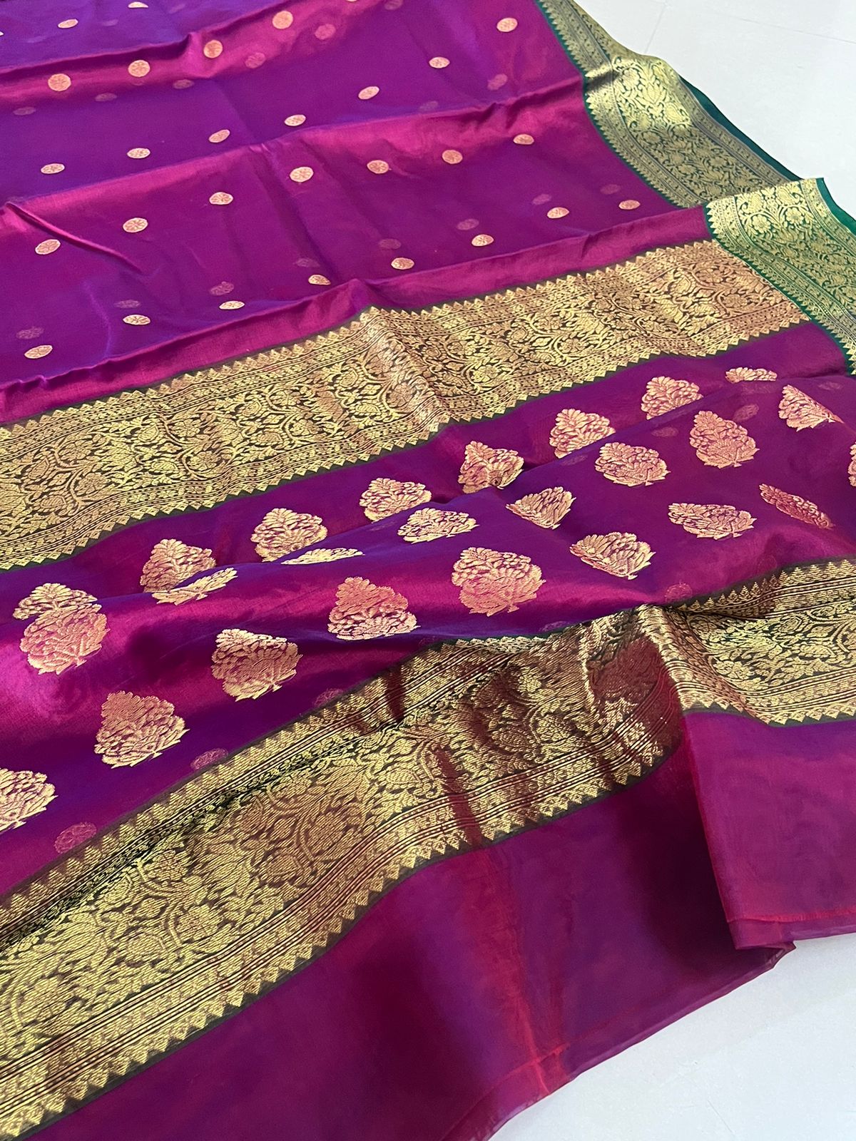 Pure Chanderi Katan Silk Handwoven saree with buttis - Deep Purple with Green