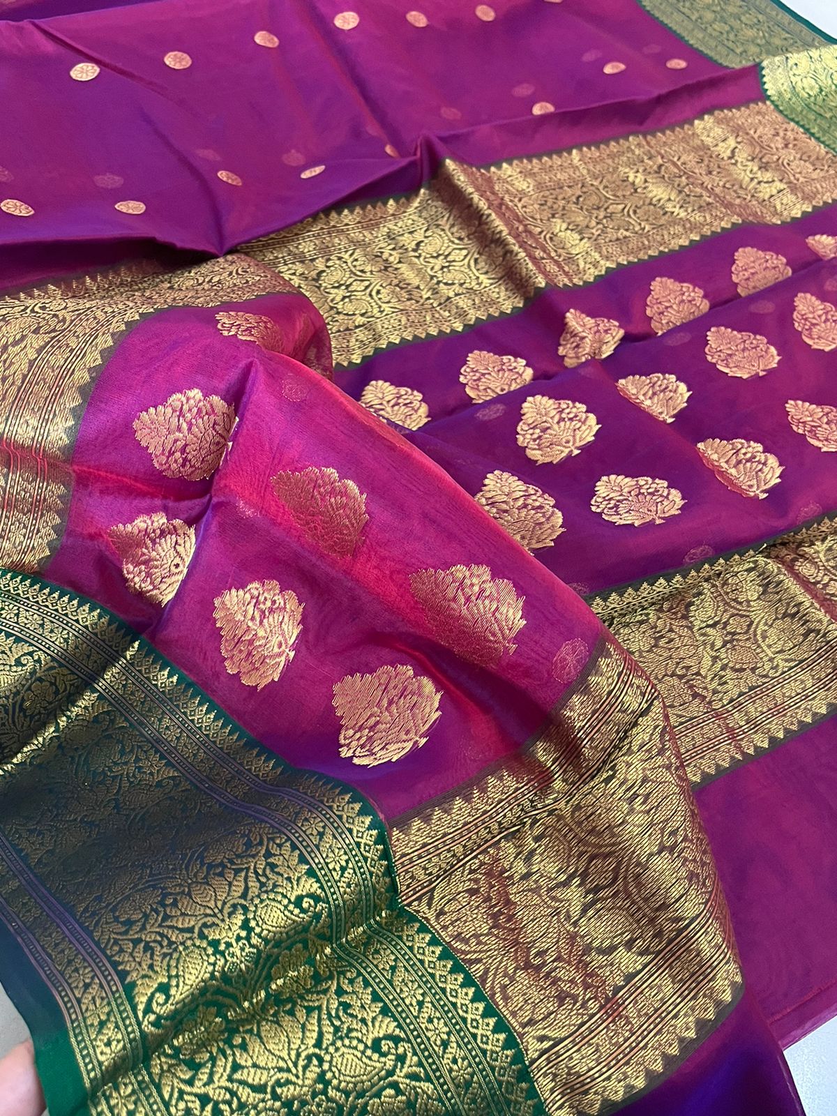 Pure Chanderi Katan Silk Handwoven saree with buttis - Deep Purple with Green