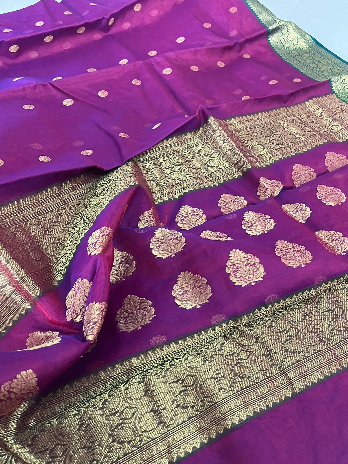 Pure Chanderi Katan Silk Handwoven saree with buttis - Deep Purple with Green