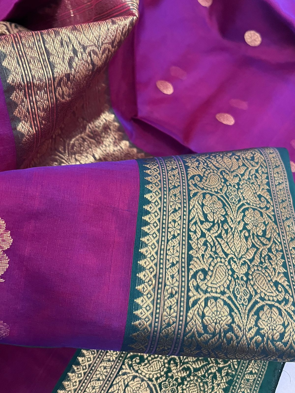 Pure Chanderi Katan Silk Handwoven saree with buttis - Deep Purple with Green