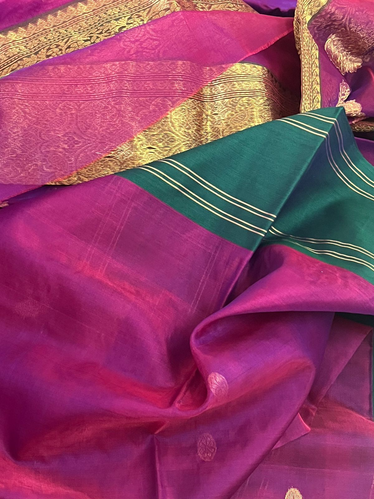 Pure Chanderi Katan Silk Handwoven saree with buttis - Deep Purple with Green