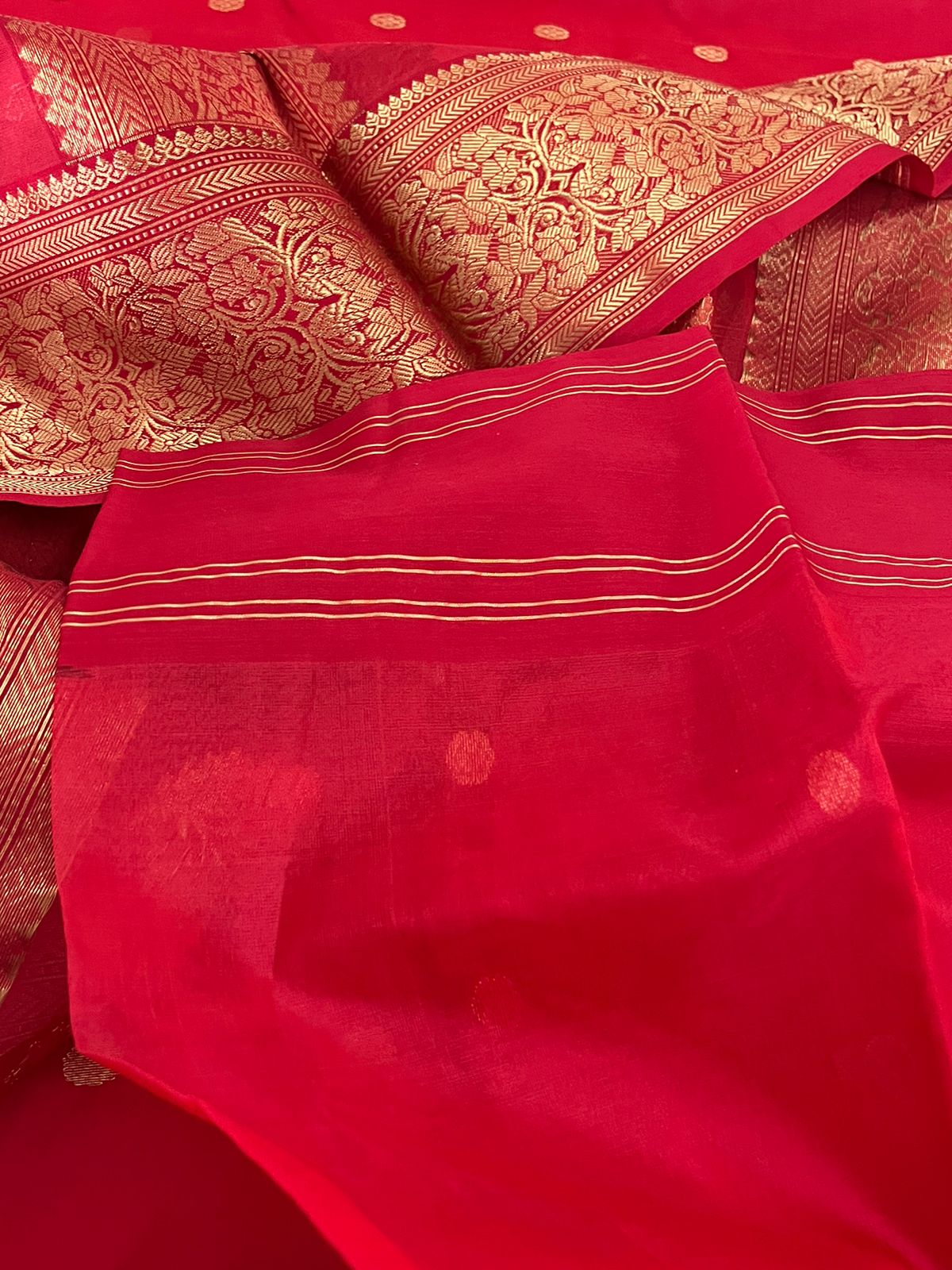 Pure Chanderi Katan Silk Handwoven saree with buttis - Red