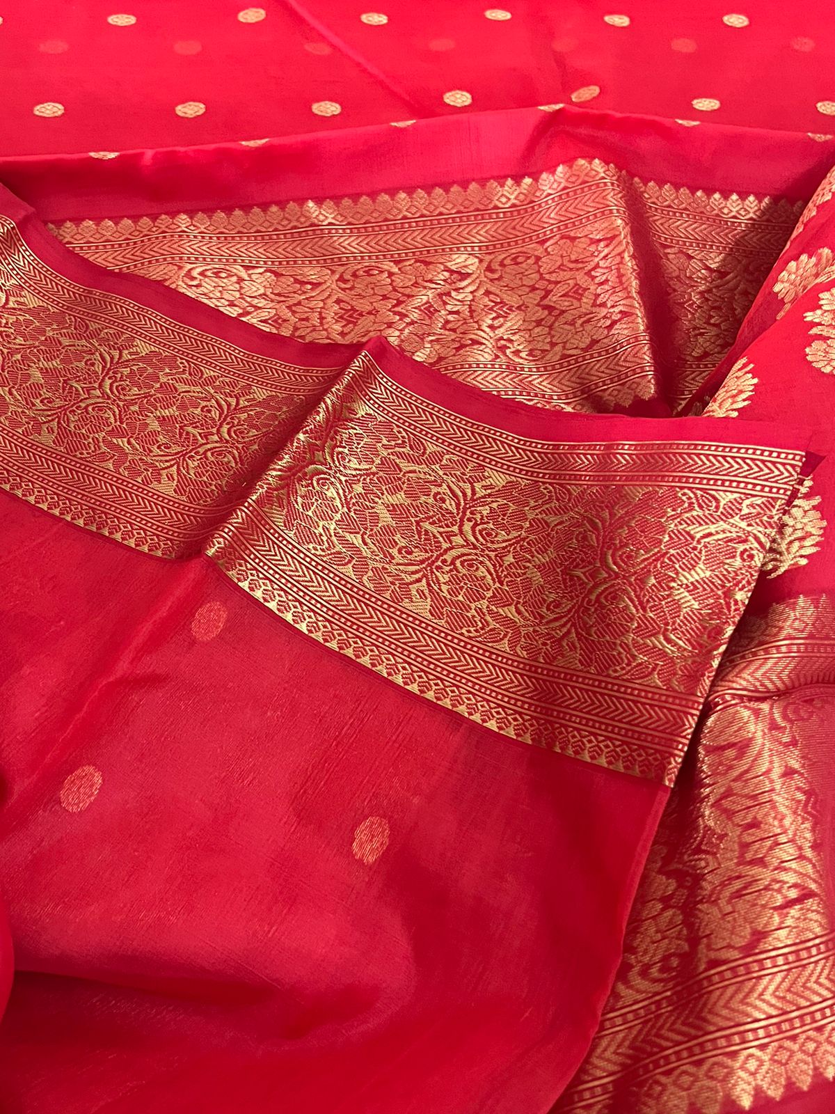 Pure Chanderi Katan Silk Handwoven saree with buttis - Red