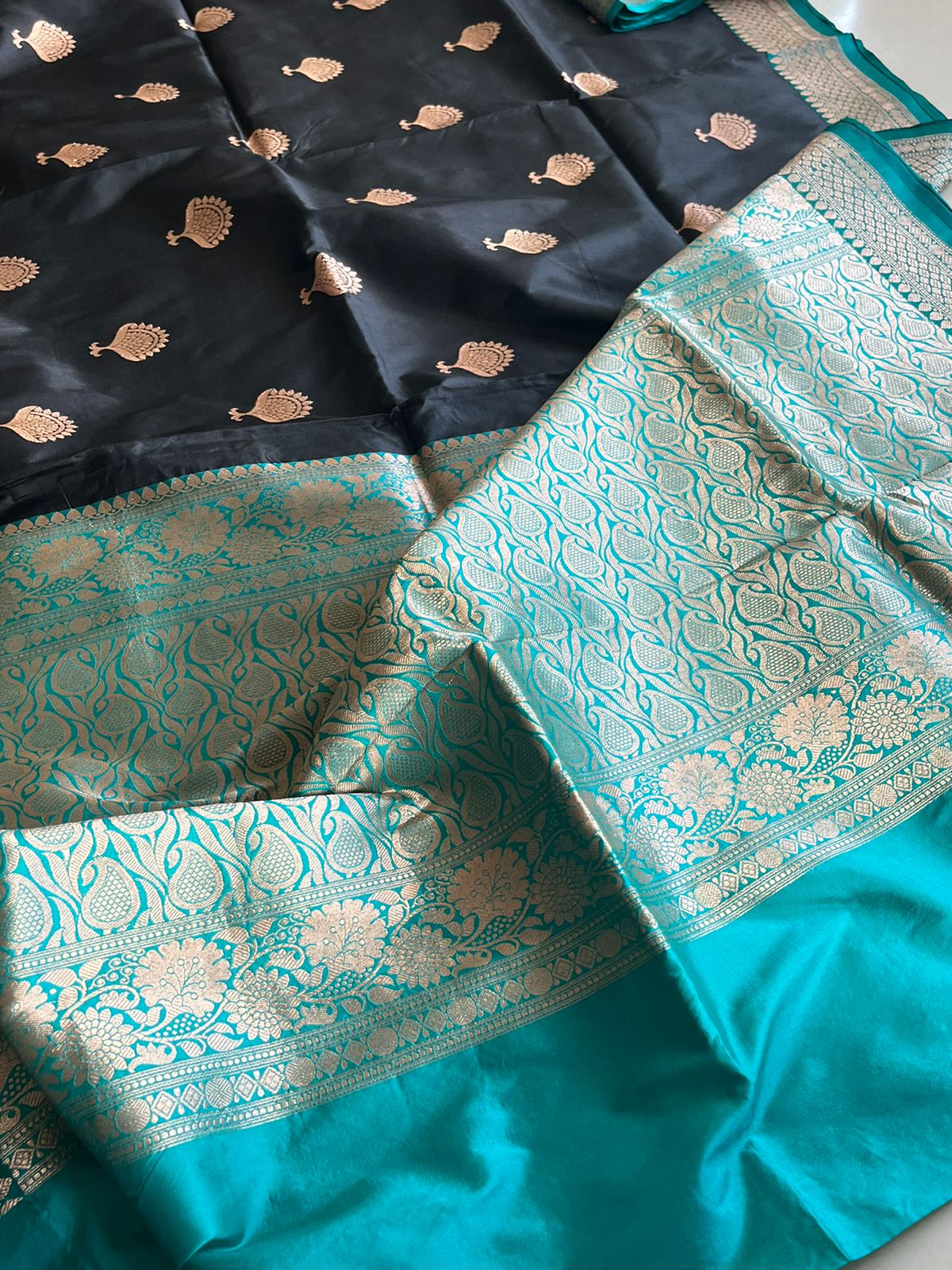 Pure Handloom Banarasi Katan Silk saree - Black with Teal
