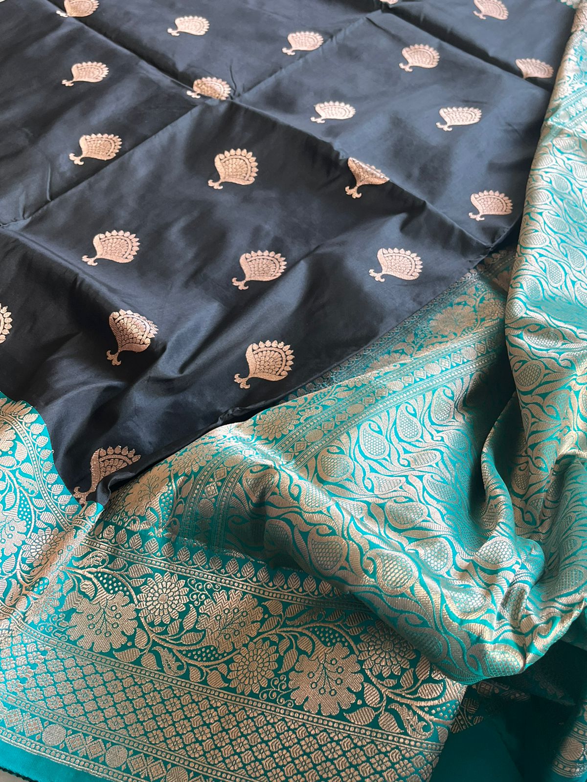 Pure Handloom Banarasi Katan Silk saree - Black with Teal
