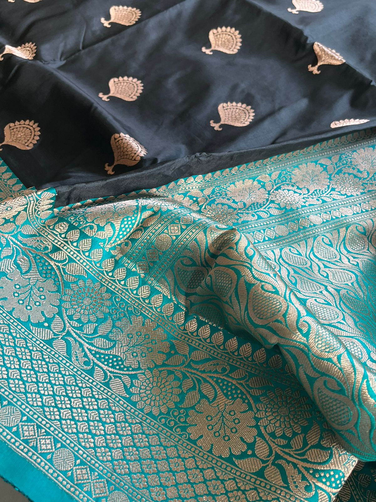 Pure Handloom Banarasi Katan Silk saree - Black with Teal