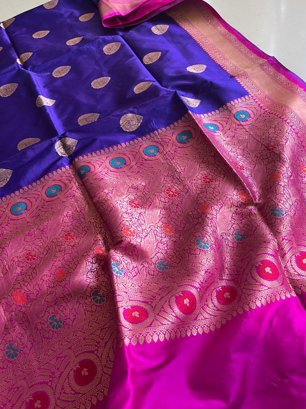 Pure Handloom Banarasi Katan Silk saree - Blue with Magenta