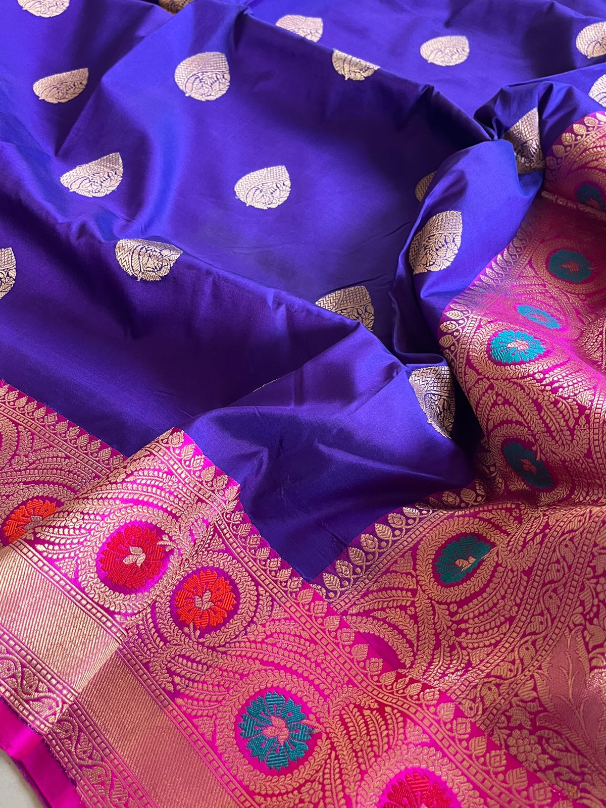 Pure Handloom Banarasi Katan Silk saree - Blue with Magenta