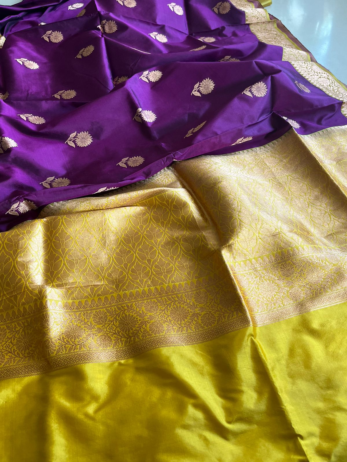 Pure Handloom Banarasi Katan Silk saree - Deep Purple with Lime Yellow