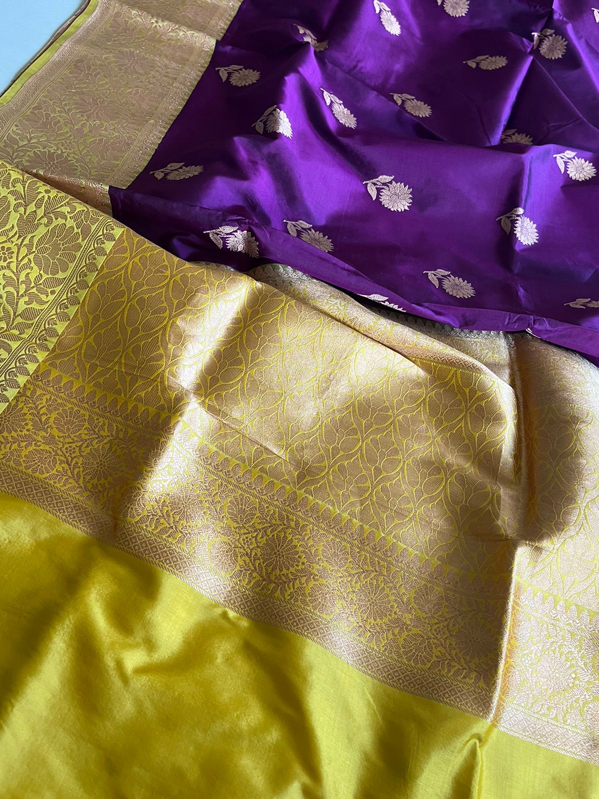Pure Handloom Banarasi Katan Silk saree - Deep Purple with Lime Yellow