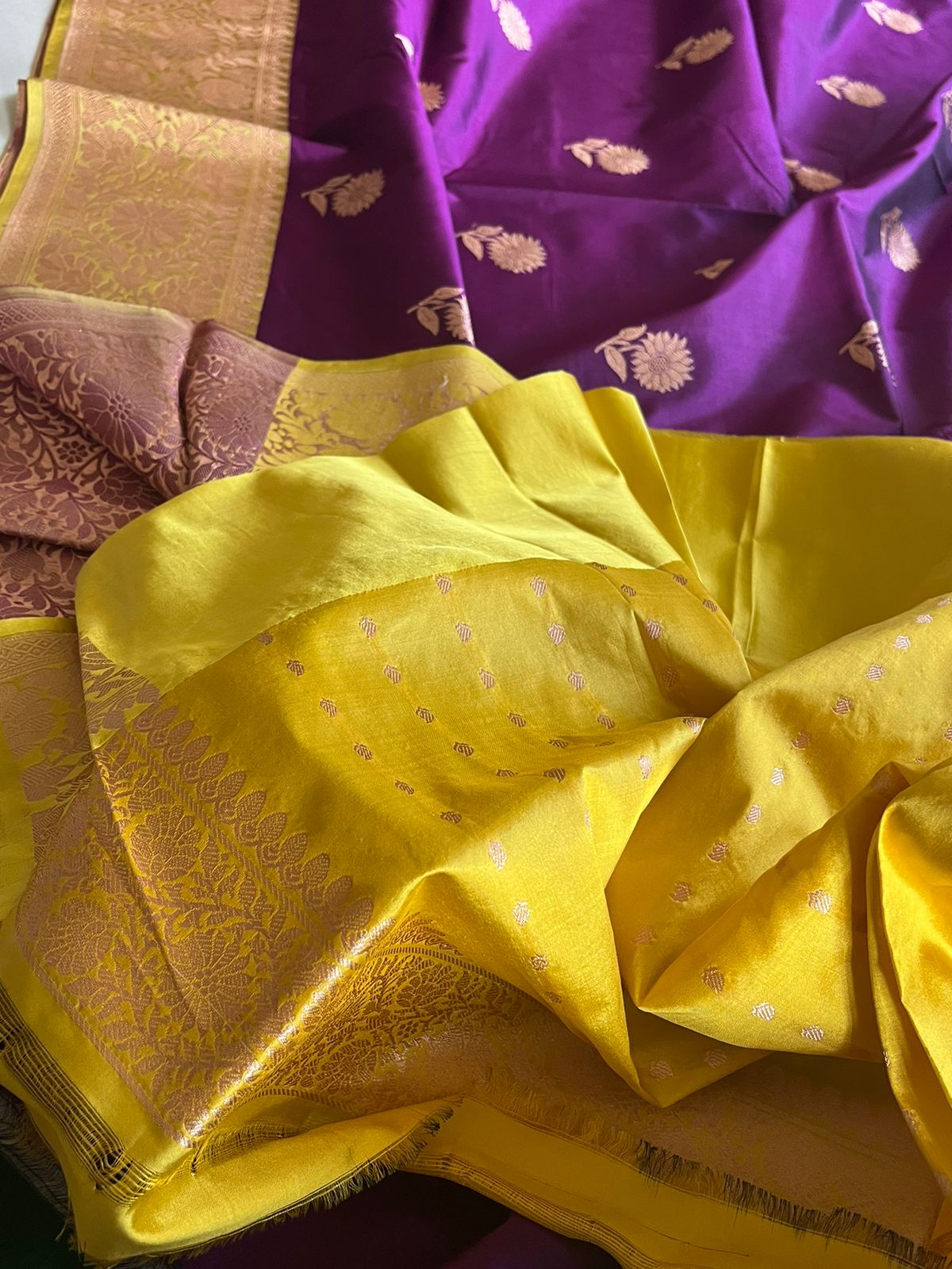 Pure Handloom Banarasi Katan Silk saree - Deep Purple with Lime Yellow