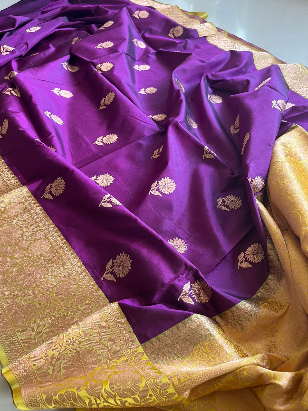 Pure Handloom Banarasi Katan Silk saree - Deep Purple with Lime Yellow