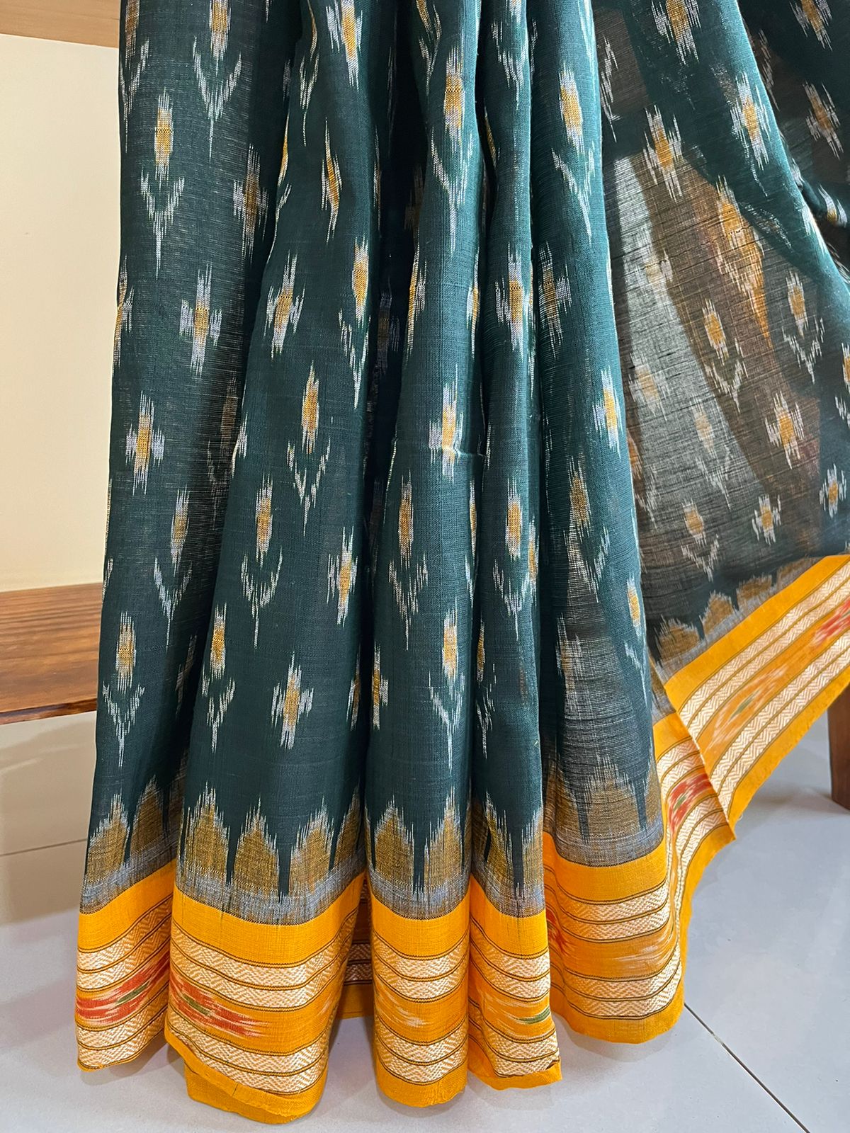 Sambhalpuri Green-Yellow Pure Cotton Handwoven Saree