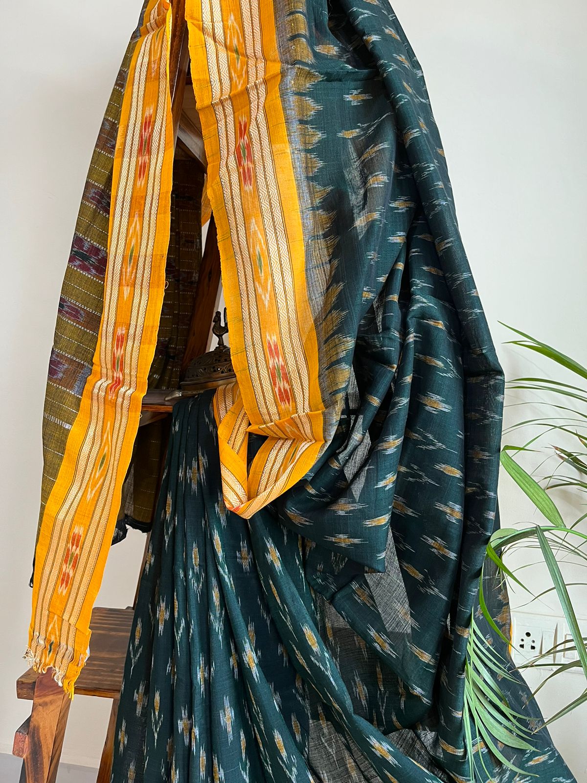 Sambhalpuri Green-Yellow Pure Cotton Handwoven Saree