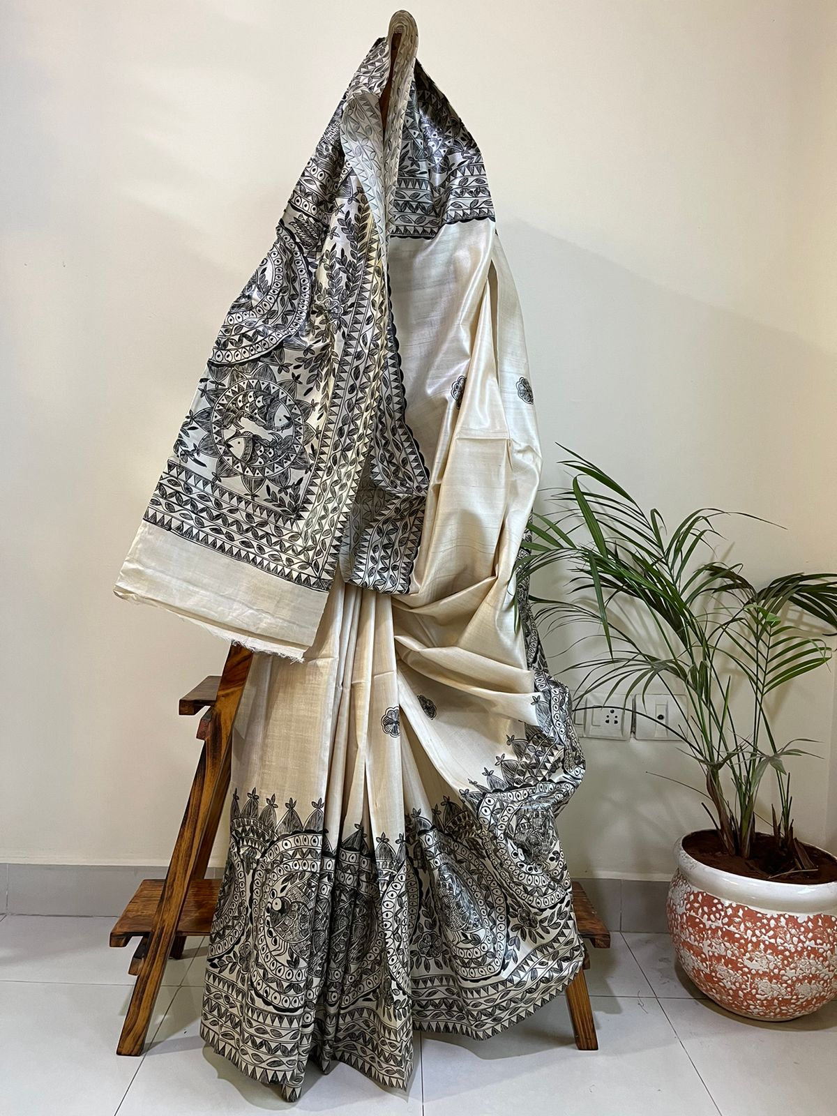 Pure Tussar Silk Handwoven saree with Madhubani Handpainting - Beige Black