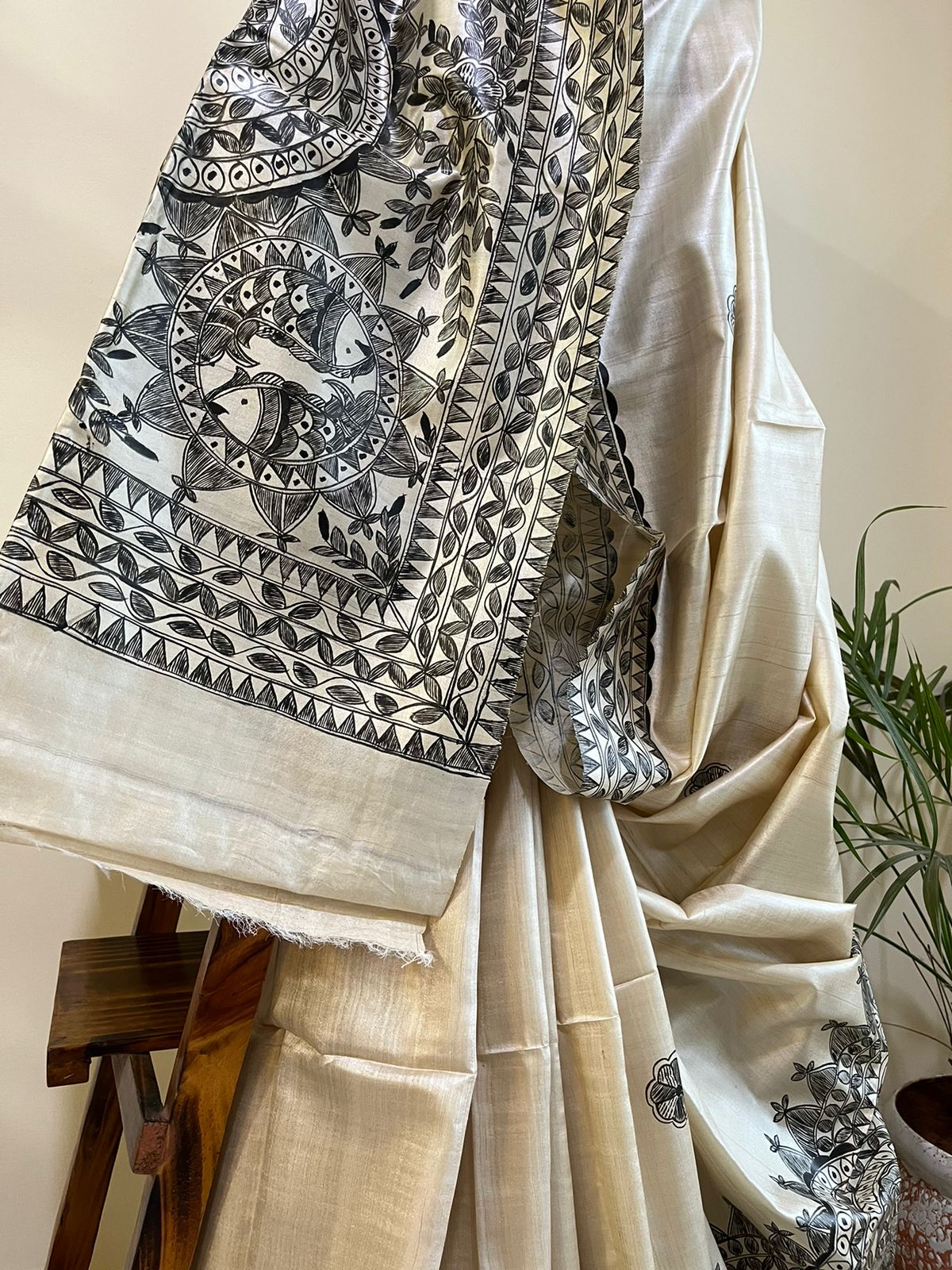 Pure Tussar Silk Handwoven saree with Madhubani Handpainting - Beige Black