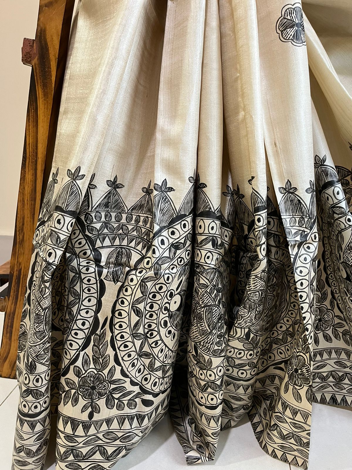 Pure Tussar Silk Handwoven saree with Madhubani Handpainting - Beige  Black