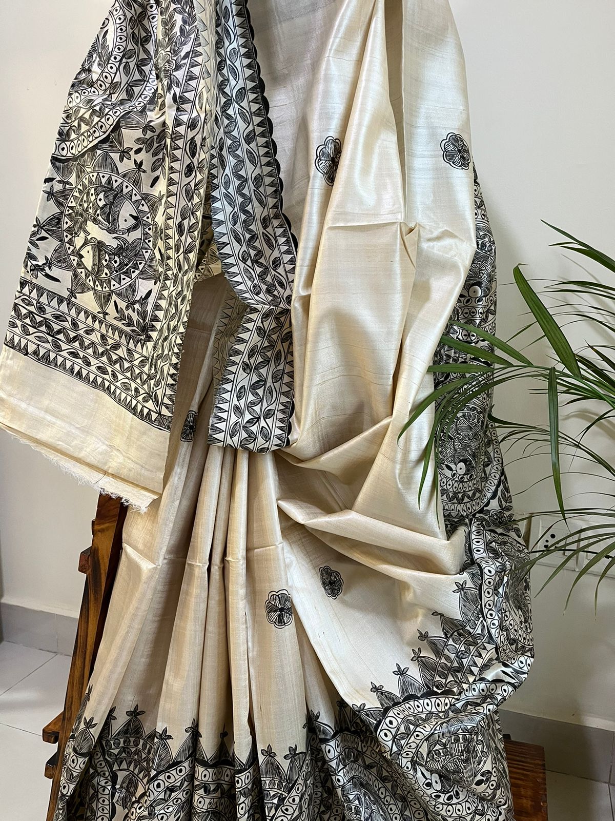 Pure Tussar Silk Handwoven saree with Madhubani Handpainting - Beige Black