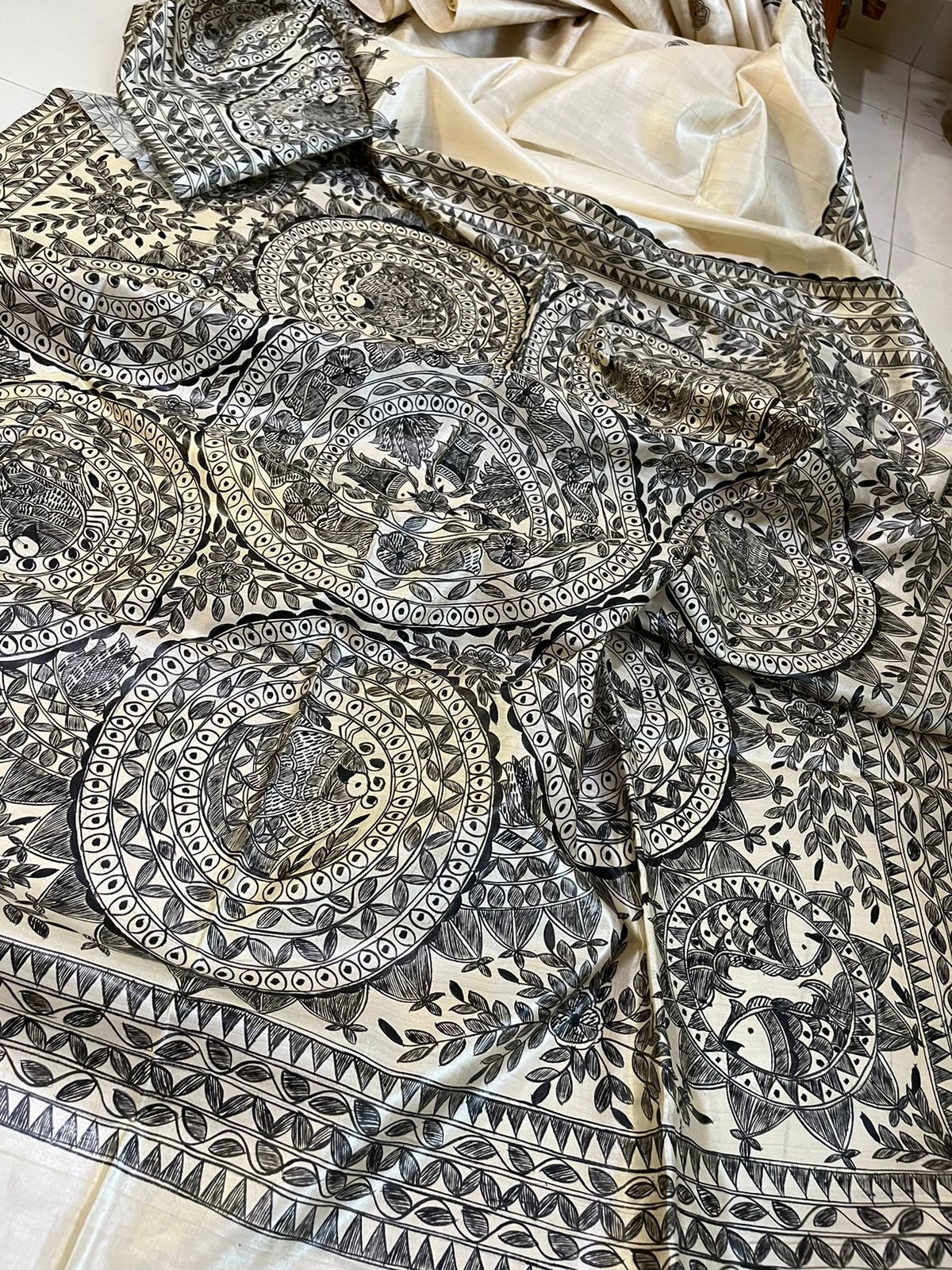 Pure Tussar Silk Handwoven saree with Madhubani Handpainting - Beige Black