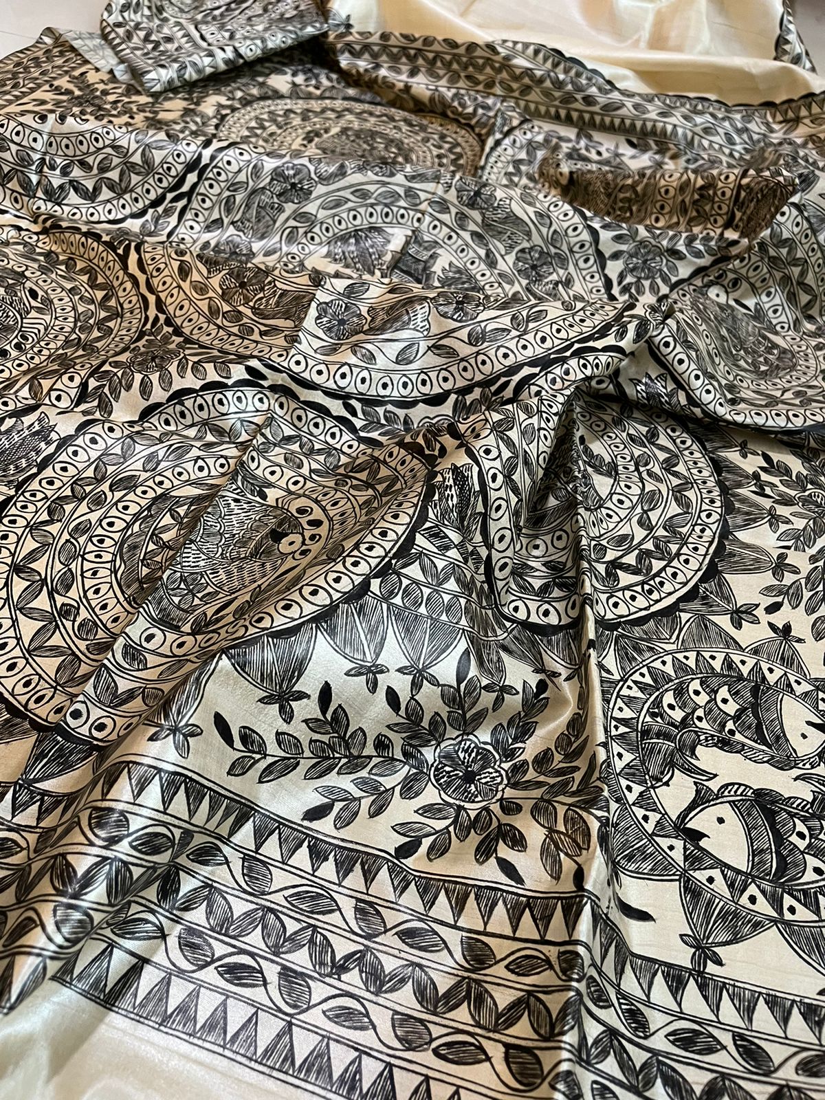 Pure Tussar Silk Handwoven saree with Madhubani Handpainting - Beige Black
