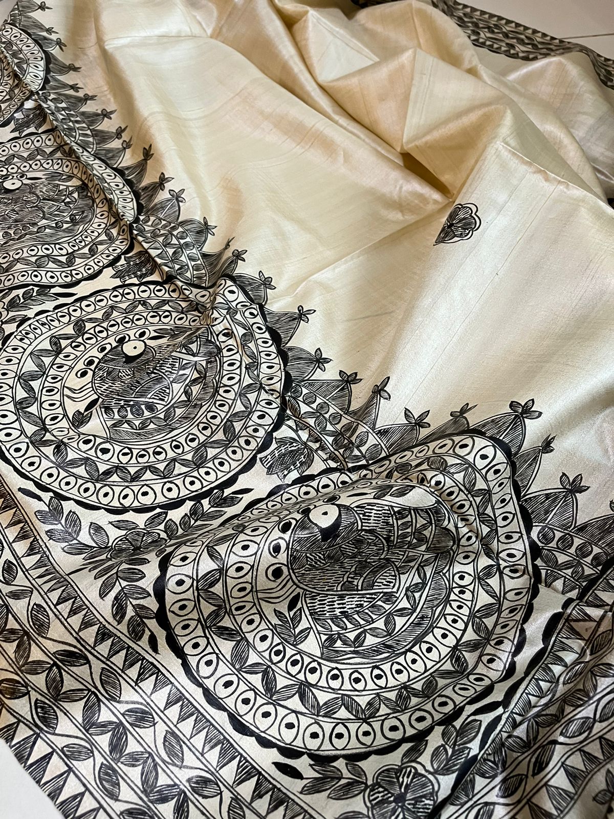 Pure Tussar Silk Handwoven saree with Madhubani Handpainting - Beige Black