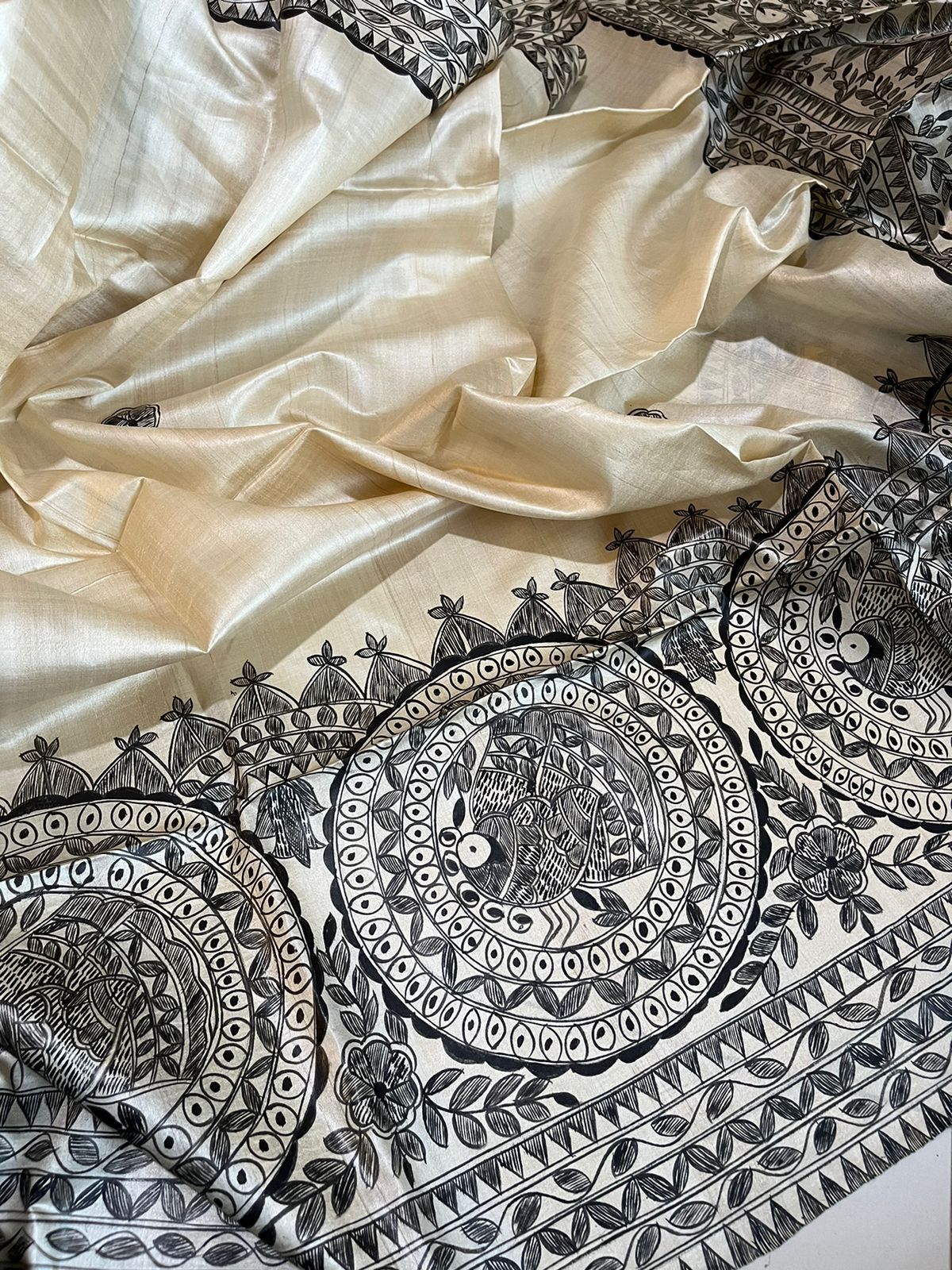 Pure Tussar Silk Handwoven saree with Madhubani Handpainting - Beige Black