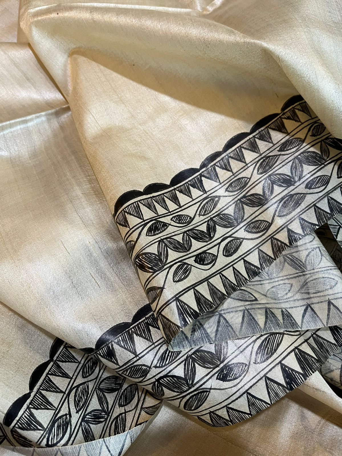 Pure Tussar Silk Handwoven saree with Madhubani Handpainting - Beige Black